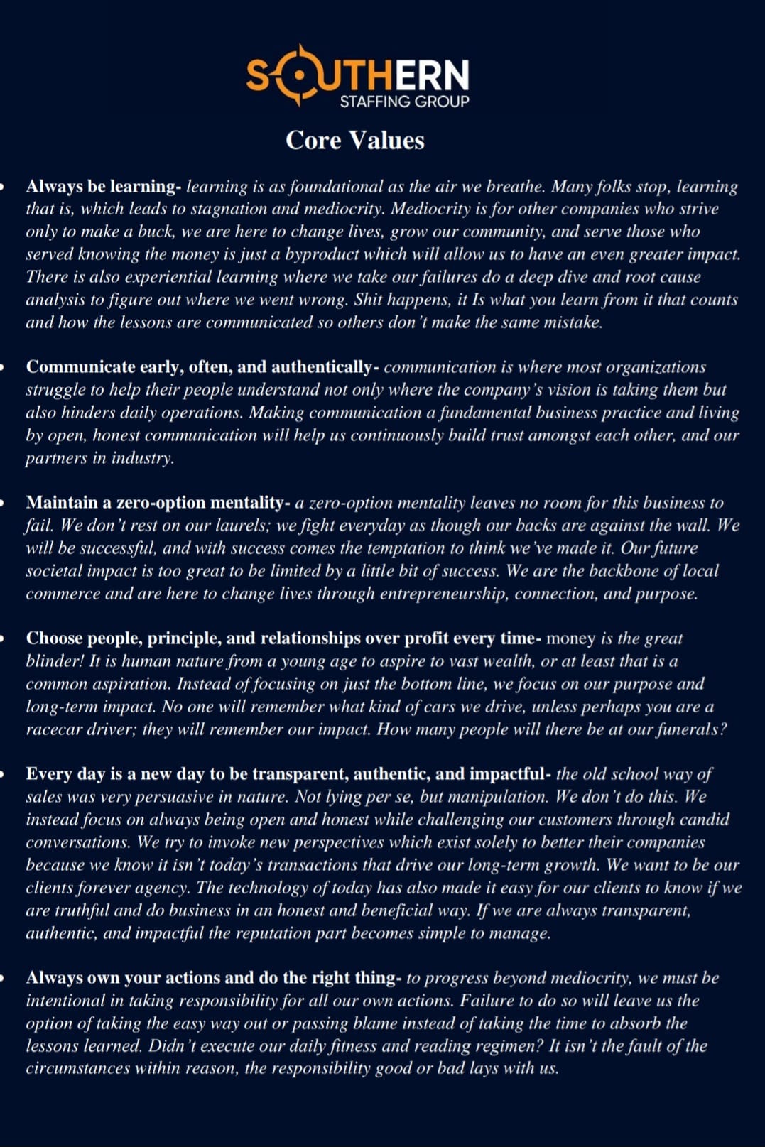 Southern Staffing Group core values statement, page one