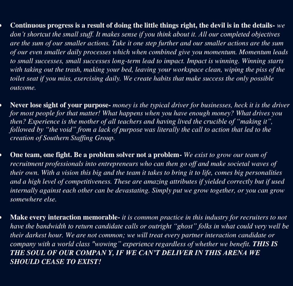 Southern Staffing Group core values statement, page two